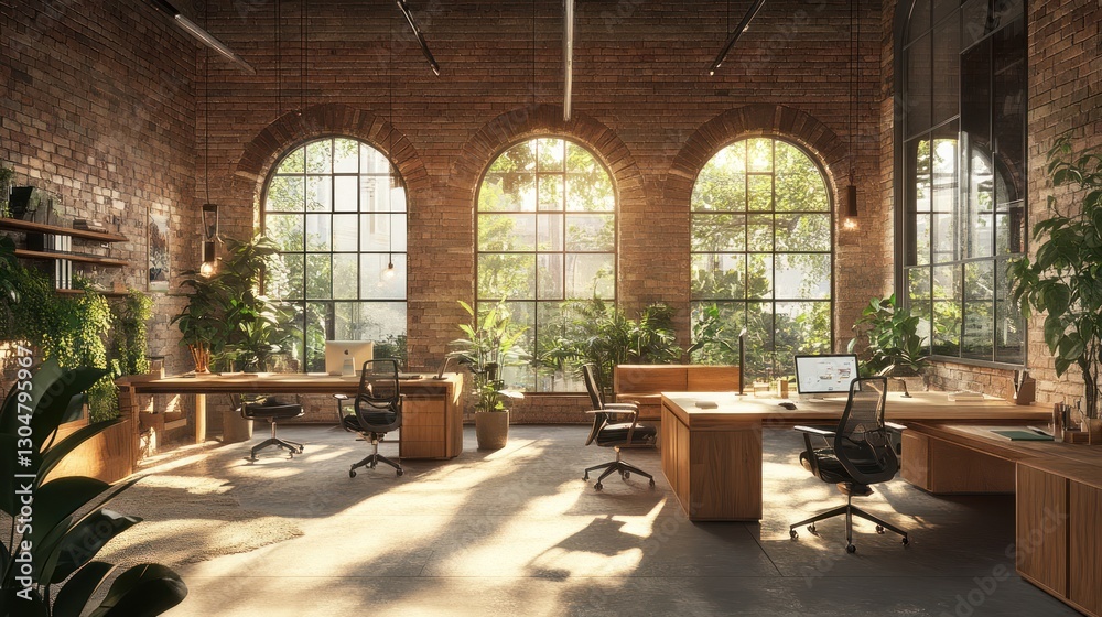 Naklejka premium Industrial office with plants and natural light