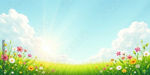 Vibrant Meadow Landscape with Sunny Sky and Blooming Flowers in a Serene Springtime Scene