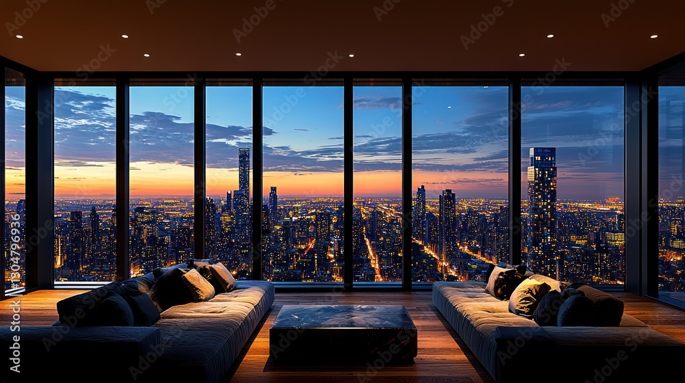 Fototapeta premium Modern penthouse living room with city skyline view at sunset. Possible use Stock photo for interior design, real estate, architecture
