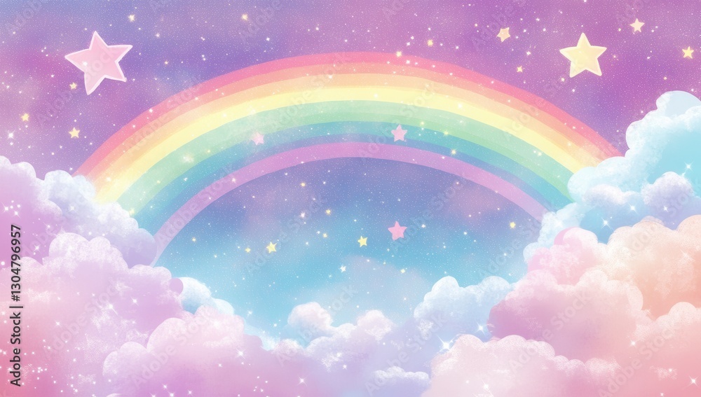 A dreamy pastel sky with fluffy clouds and a rainbow, creating an enchanting background for fantasy or fairy tale designs. A dreamy pastel sky with fluffy clouds and a rainbow, creating an enchanting background for fantasy or fairy tale designs.