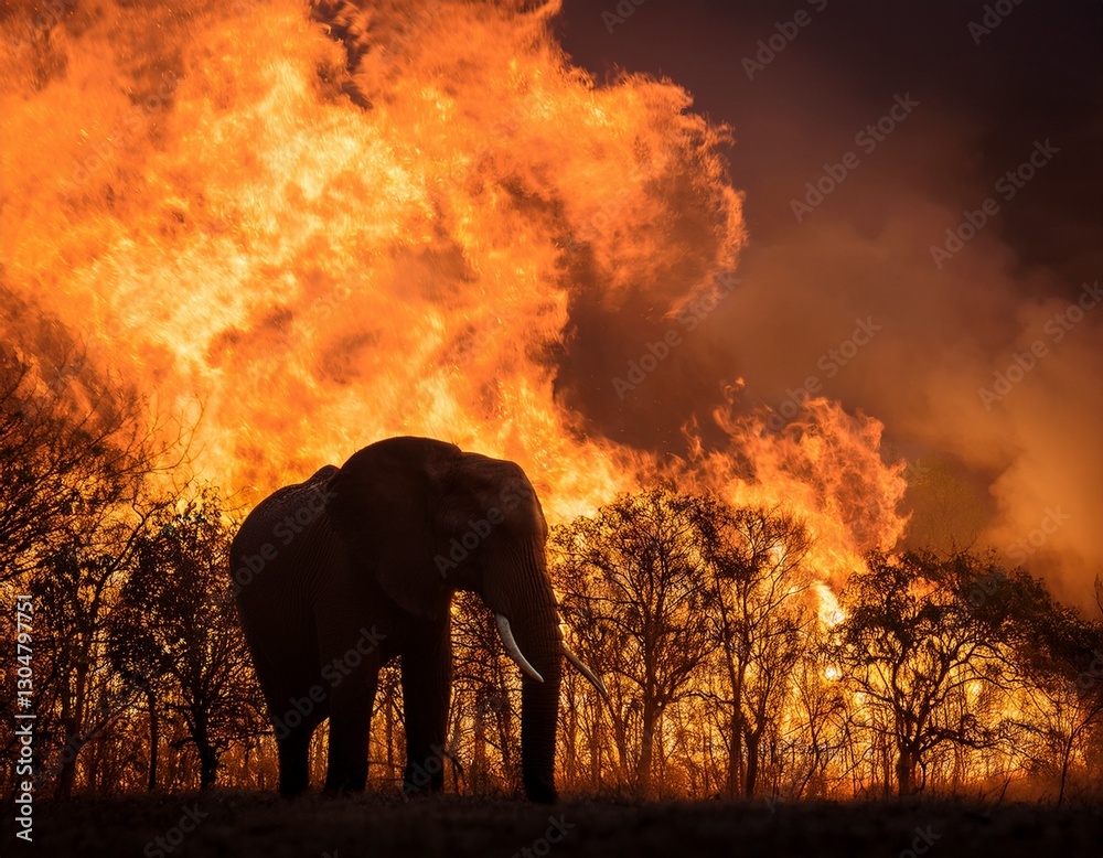 Fototapeta premium silhouette of an elephant starring at a forest fire at midnight with dramatic cloudy nightly Generated image