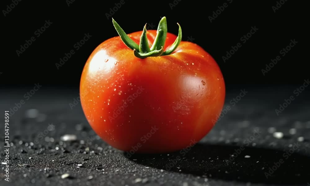 Tomate rojo fresco con gotas de agua sobre superficie oscura y fondo negro, iluminado con luz suave.