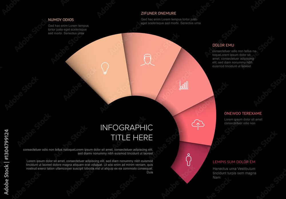 Multipurpose infographic layout template design with five red spaces with icons and description