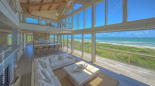 Beachfront modern home interior, sun-drenched living room, ocean view photo