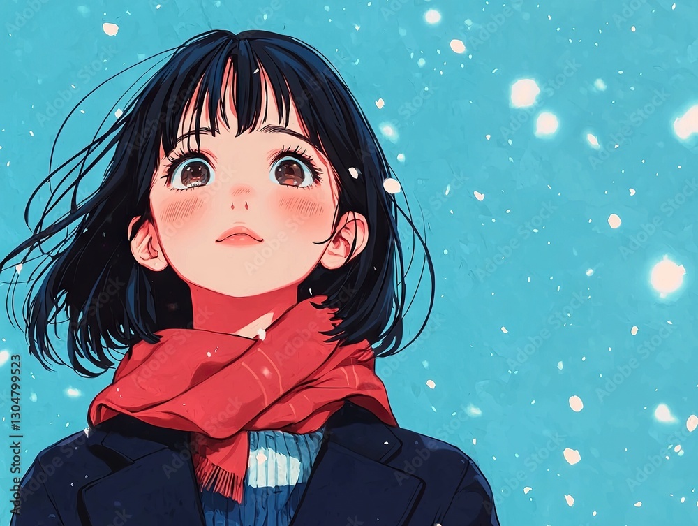 Stylish anime girl gazing at snowflakes winter wonderland digital art soft colors portrait concept Stylish anime girl gazing at snowflakes winter wonderland digital art soft colors portrait concept