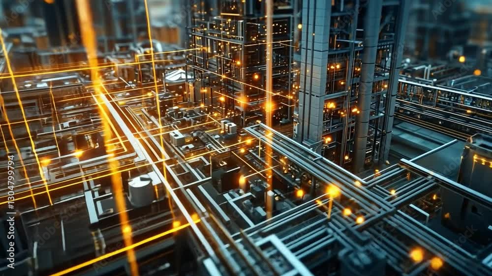Cybernetic Cityscape: A mesmerizing digital rendering of a futuristic cityscape, intricate network of glowing orange lines crisscrossing a complex industrial landscape. A high-angle. Cybernetic Cityscape: A mesmerizing digital rendering of a futuristic cityscape, intricate network of glowing orange lines crisscrossing a complex industrial landscape. A high-angle.