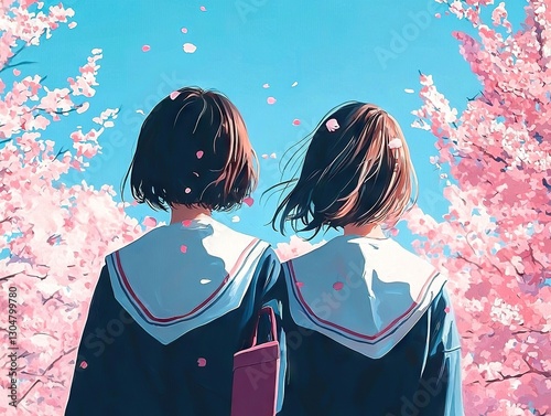 Stylish anime characters enjoying cherry blossom festival japan digital art outdoor back view spring vibes