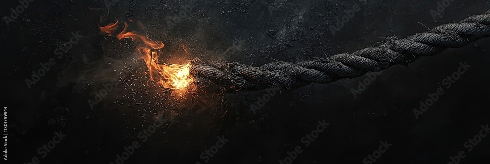 Naklejka premium Burning rope with flames consuming fibers. Frayed strands, tension, destruction, danger, fiery glow, heat intensity, metaphor of breaking point, high contrast texture, scorched surface. Generative AI.