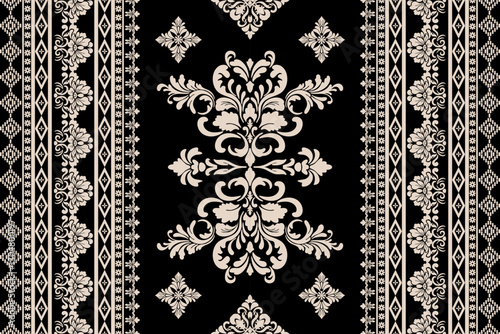 Seamless gold and brown floral damask tracery shape with geometric ethnic tradition pattern texture on black background	
