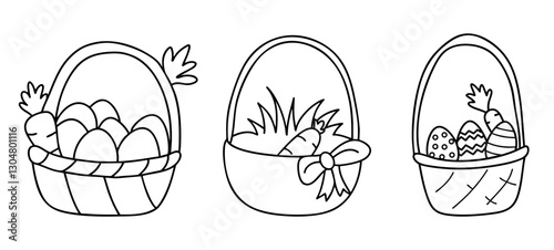 Carrot-Themed Easter, Easter baskets with eggs and carrots, perfect for coloring activities