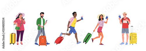 Different people are travelers with suitcases and passports. Vector cartoon flat style illustration