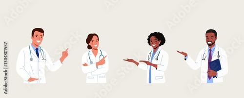  Doctor men and women point up at good deal and advices use this copy space.. Vector flat style cartoon illustrationce.. Vector flat style cartoon illustration