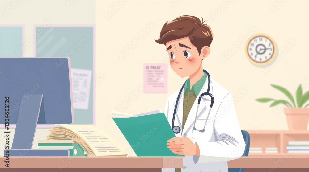 Doctor reading medical report at office desk Doctor reading medical report at office desk