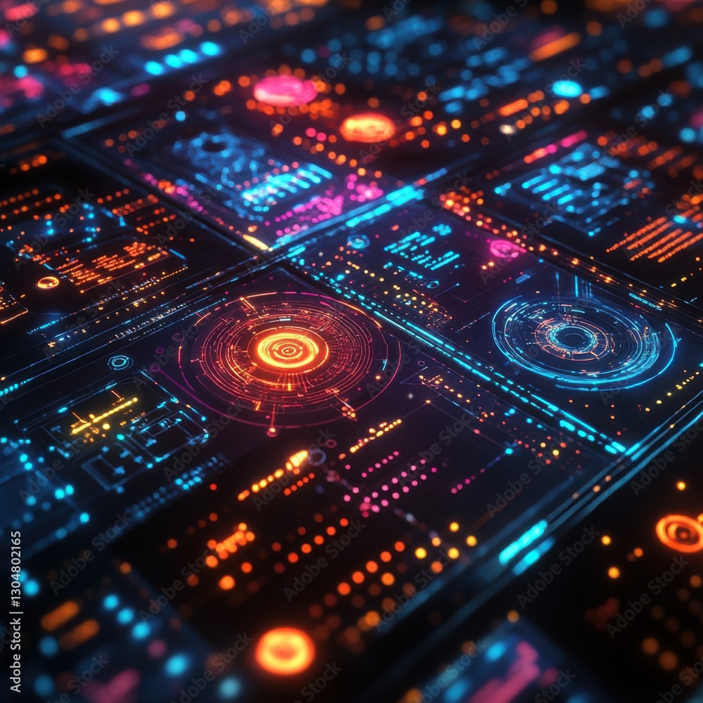 Futuristic Digital Interface with Bright Neon Elements and Patterns Futuristic Digital Interface with Bright Neon Elements and Patterns