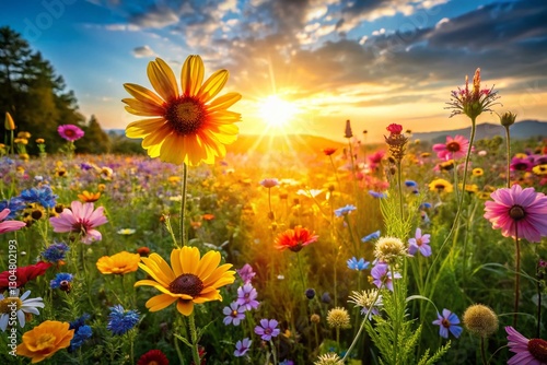 Vibrant Meadow Wildflowers in Summer Sunlight - High-Resolution Stock Photo