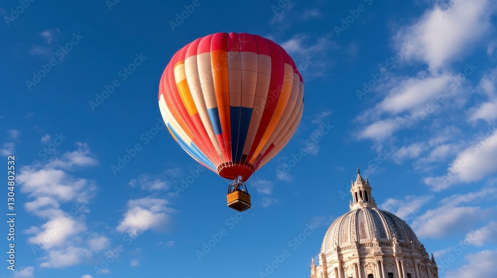 Obraz premium Colorful hot air balloon soaring through a clear blue sky, embodying the spirit of adventure and exploration in vibrant hues