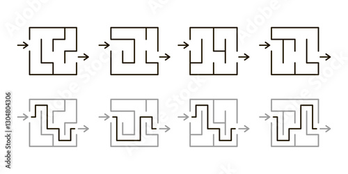 Labyrinth game, logic challenge to navigate its twisting paths. Kids maze, strategy, problem-solving. Square maze with ready solution. Vector illustration on white background