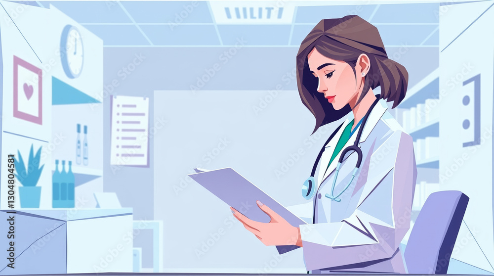 Female doctor reading medical report in clinic pharmacy Female doctor reading medical report in clinic pharmacy
