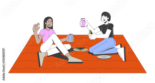 Diverse girlfriends enjoying picnic 2D cartoon characters. Two women sitting on picnic blanket, eating sandwiches, drinking soda flat vector people isolated on white. Spot illustration colorful