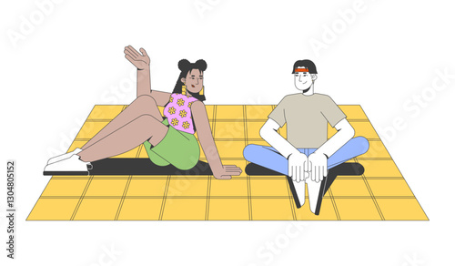 Diverse friends relaxing on picnic blanket 2D cartoon characters. Weekend fun sitting together. Latina girlfriend, asian boyfriend flat vector people isolated on white. Spot illustration colorful