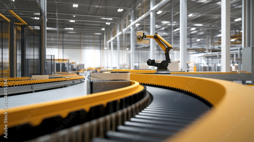 Fototapeta premium Automated robotics in modern industrial factory setting. Conveyor Belt on a Modern Factory