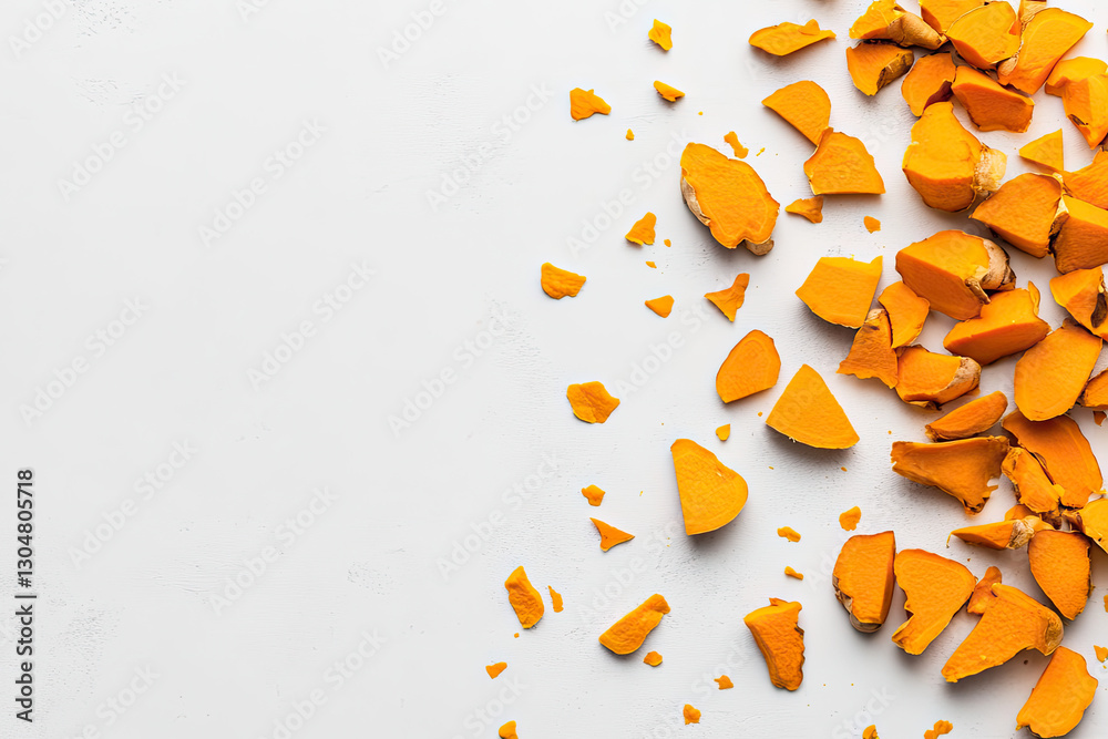 A close-up of broken, vibrant orange pieces scattered on a light surface, likely turmeric or a similar spice. A close-up of broken, vibrant orange pieces scattered on a light surface, likely turmeric or a similar spice.