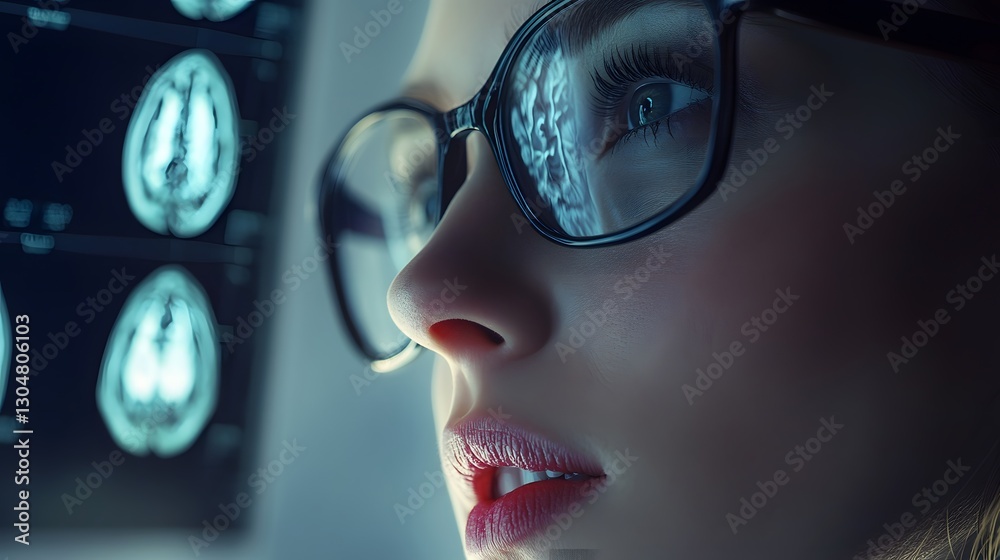 Physician Examines Brain Scans on Computer Screen in Modern Medical Office Setting