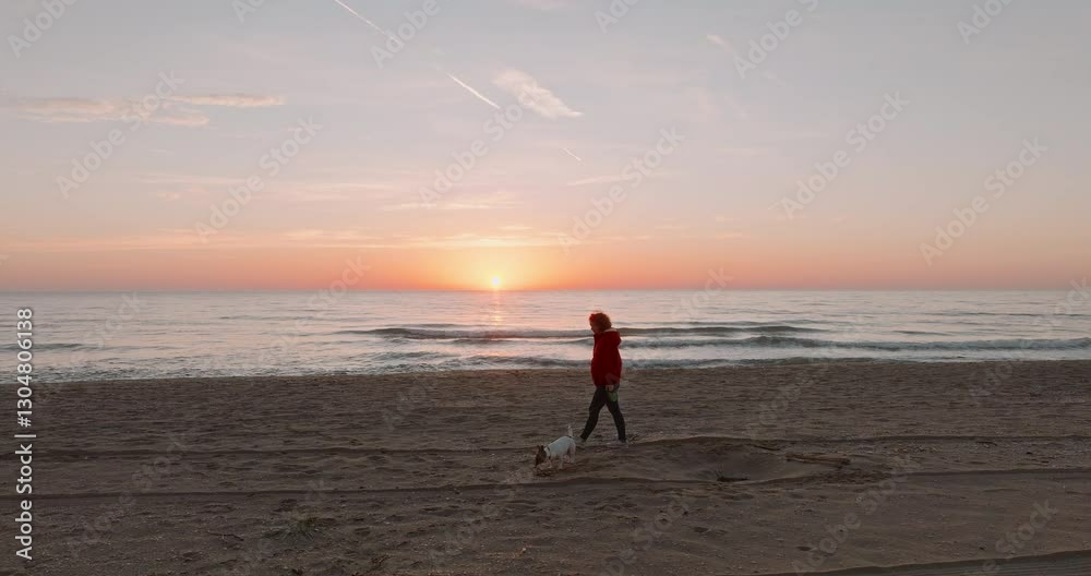 Dog runs beside owner during peaceful sunrise walk along sandy coast aerial. Calm ocean waves and warm morning glow frame this quiet moment of companionship relaxation by sea. Dog runs beside owner during peaceful sunrise walk along sandy coast aerial. Calm ocean waves and warm morning glow frame this quiet moment of companionship relaxation by sea.