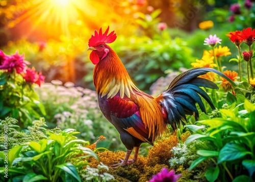 Vibrant Rooster in Garden - Drone Aerial Photography