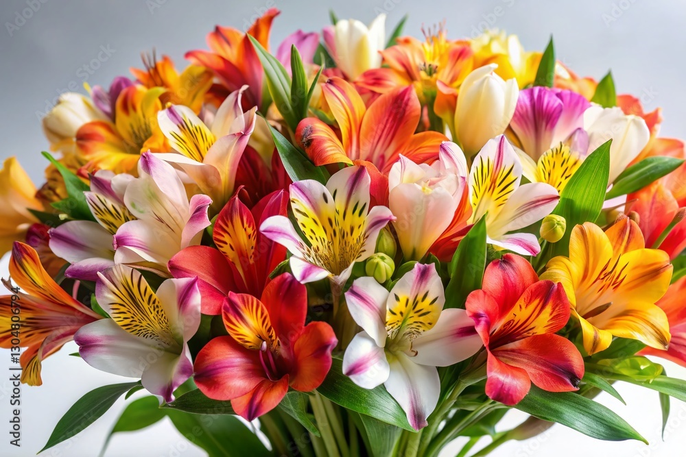 Fototapeta premium Vibrant Summer Alstroemeria Bouquet, Isolated on White Background