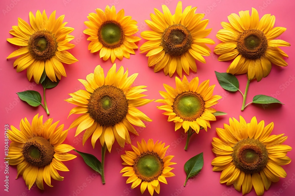 Obraz premium Vibrant Sunflowers Flat Lay: Bright Pink Background Modern Top View Photography
