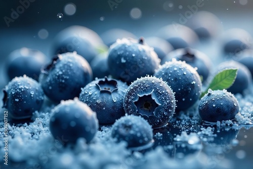 Fresh blueberries covered in frost surrounded by cool water, berries, cold photo