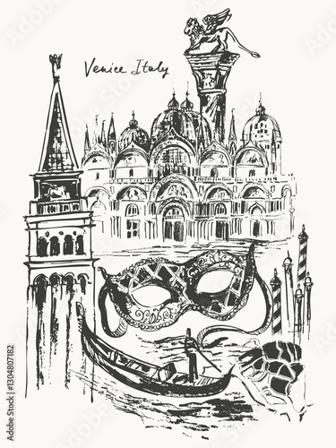 Hand drawn Venice city architecture collage with mask, gondola, map, bell tower, St. Mark's basilica and column sketch.