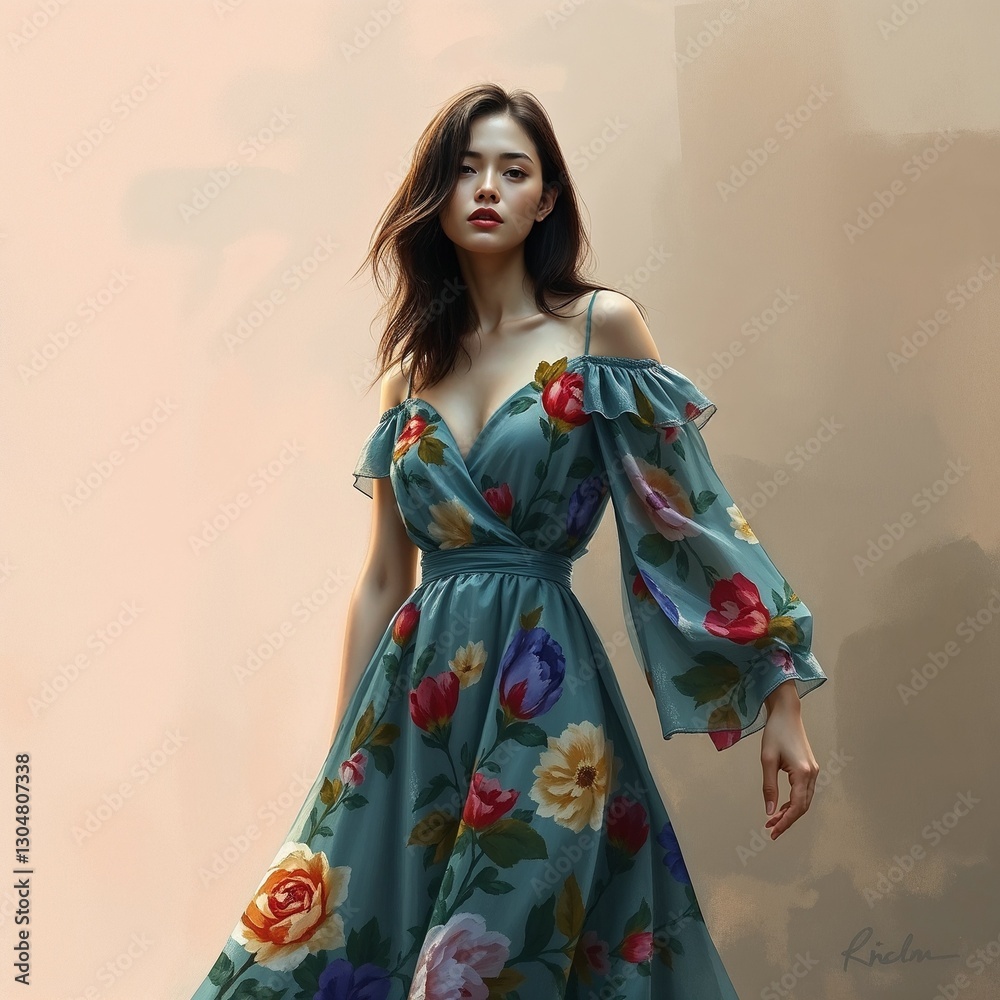 Dramatic digital sketch of model in elegant hand-painted print dress with painterly strokes
Dramatic digital sketch of model in elegant hand-painted print dress with painterly strokes