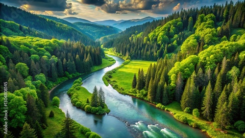 Winding River Through Lush Green Forest Landscape AI Art