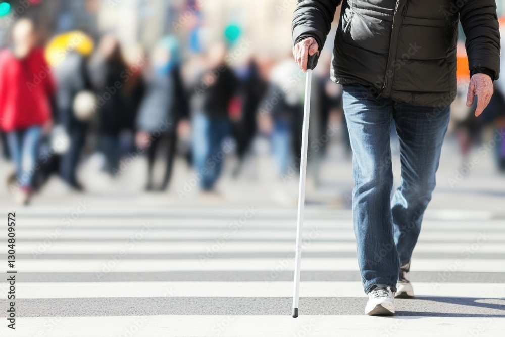 Blind person holding a white cane crosses a street at a pedestrian crossing