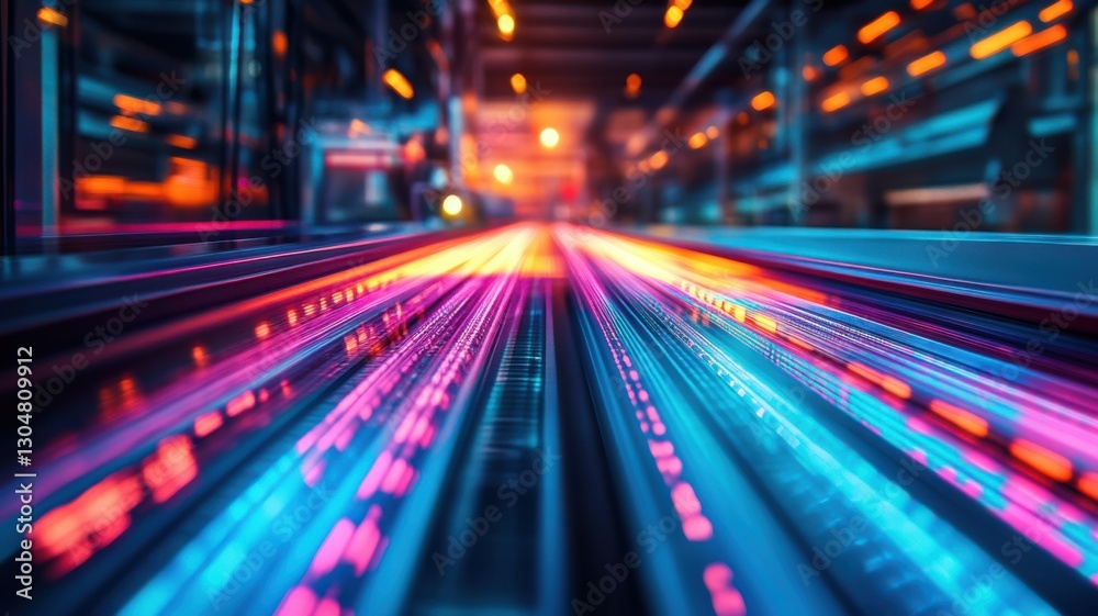 Futuristic neon cityscape with vibrant light trails and blurred movement. Conveyor Belt on a Modern Factory Futuristic neon cityscape with vibrant light trails and blurred movement. Conveyor Belt on a Modern Factory
