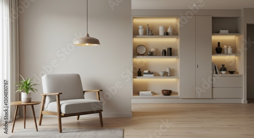 A modern minimalist living room featuring a light gray fabric armchair with a wooden frame positioned against a neutral toned wall
