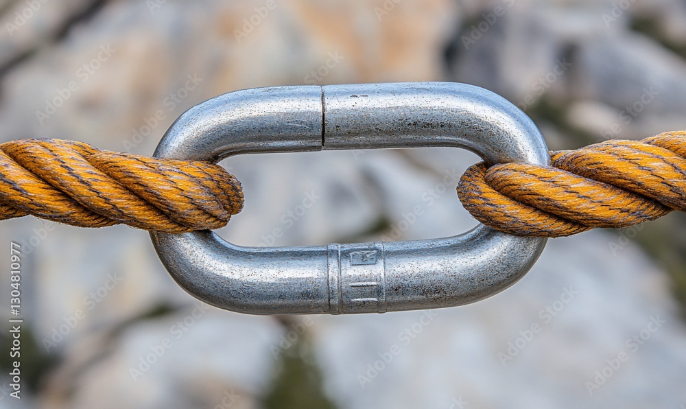 Metal link securing rope on mountainside Metal link securing rope on mountainside