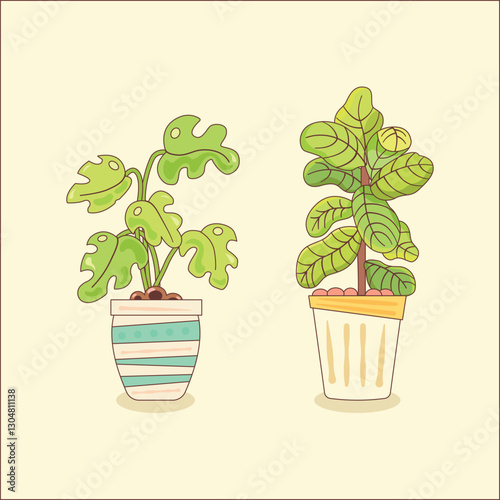Aesthetic digital illustration of two potted houseplants with soft pastel colors. Perfect for home decor, gardening, eco-friendly designs, and botanical themes. Ideal for posters, prints, and lifestyl