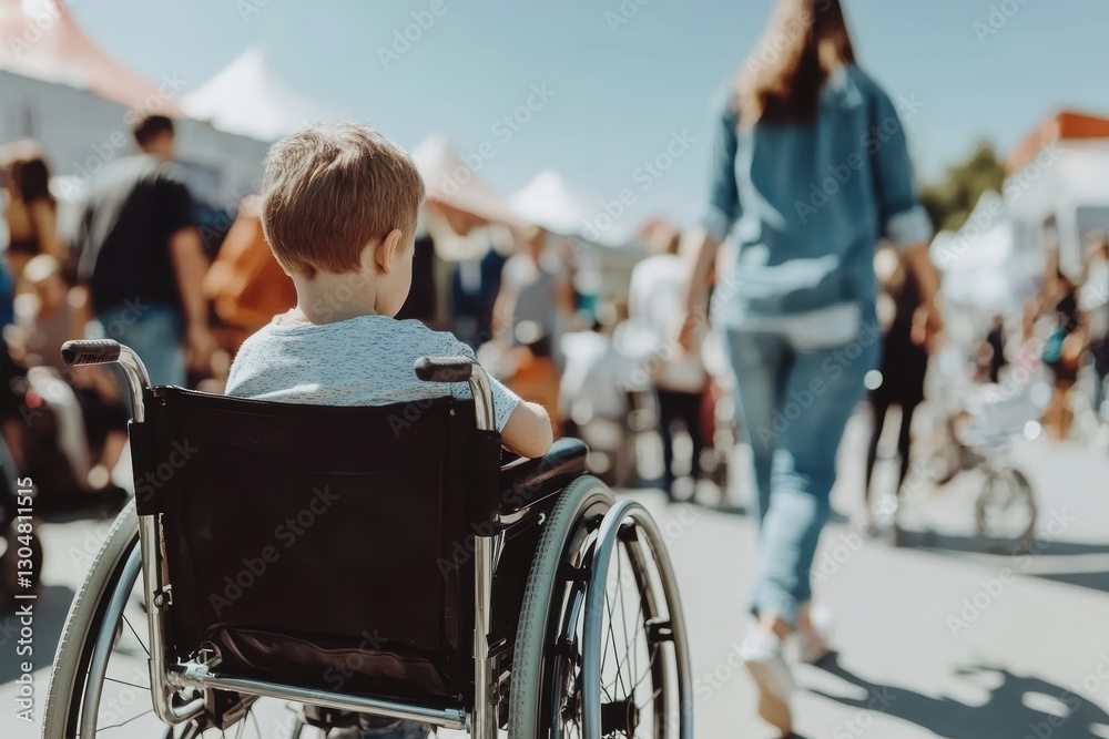 Obraz premium Child in a wheelchair during an event, the concept of a person with disabilities feeling isolated and different