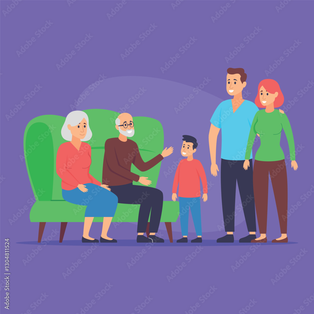 Cheerful family gathering. Grandparents sharing stories with their grandson in cozy living room. Family connection concept