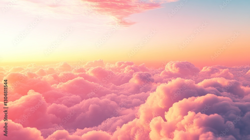 Aerial view of fluffy pink clouds at sunrise or sunset. Vivid colors, soft lighting, and beautiful cloud formations.