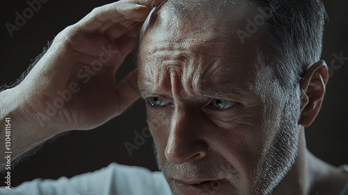 Middle-aged man touching his thinning hair with concern