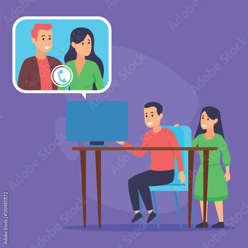 Obraz na płótnie Family enjoying video call together. Boy sitting at desk with computer while woman and girl smiling at screen, capturing heartwarming moment at home w salonie
