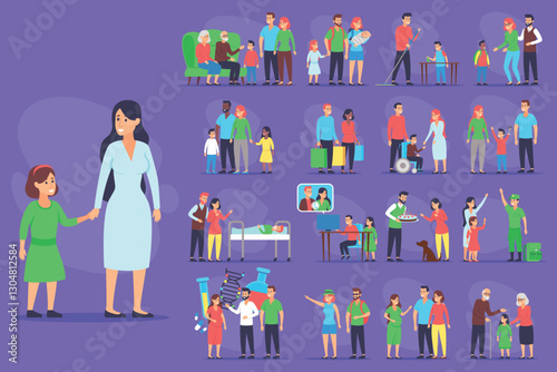 Vibrant collection with various family activities including playtime, caregiving, learning, and shared moments. Strong family bonds and joyful interactions concept