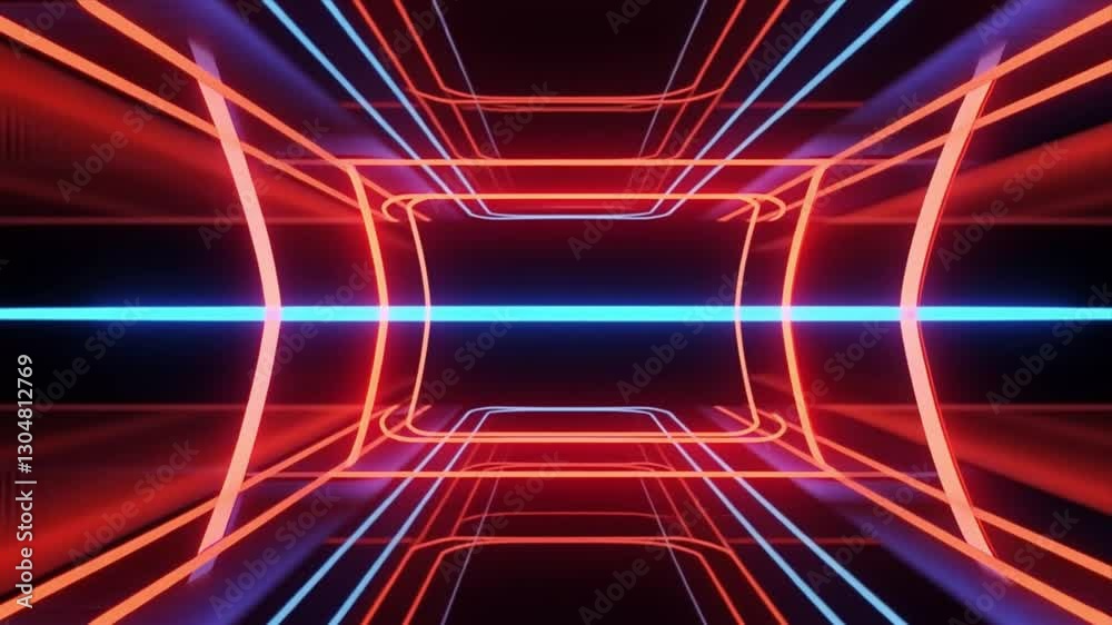 Abstract Neon Tunnel: Red and Blue Glowing Lines in Dark Space Abstract Neon Tunnel: Red and Blue Glowing Lines in Dark Space