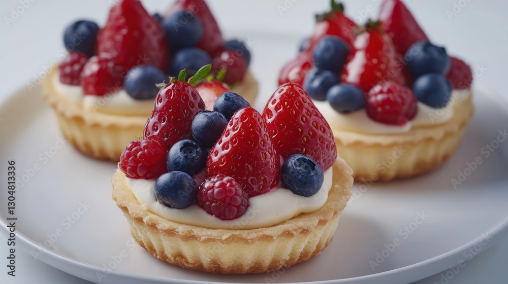 close-up shot showcasing several berry tarts adorned with vibrant strawberries blueberries and raspberries on a bright white plate dessert concept close-up shot showcasing several berry tarts adorned with vibrant strawberries blueberries and raspberries on a bright white plate dessert concept