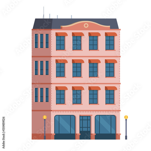 Classic Brick Urban Tenement House. Vector Illustration in Flat Style. Industrial Era Architecture