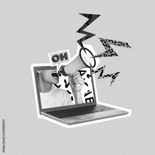 Obraz na płótnie Digital collage of laptop with mouth shouting through megaphone, symbolizing online speech, social media influence, digital activism. Concept of communication, technology, networking. Monochrome art w salonie